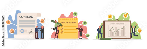 Business set of successful contract signing, teamwork and work progress