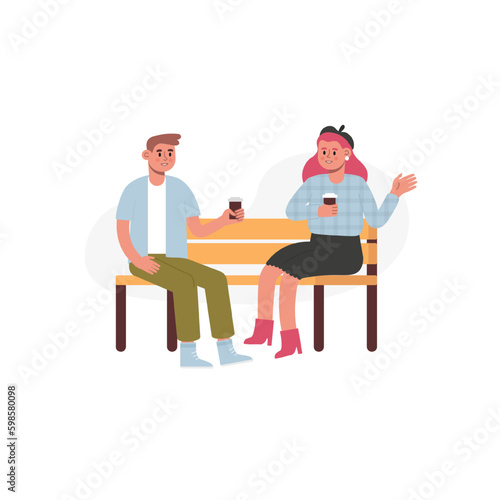 Happy couple talking on bench with cups of coffee illustration