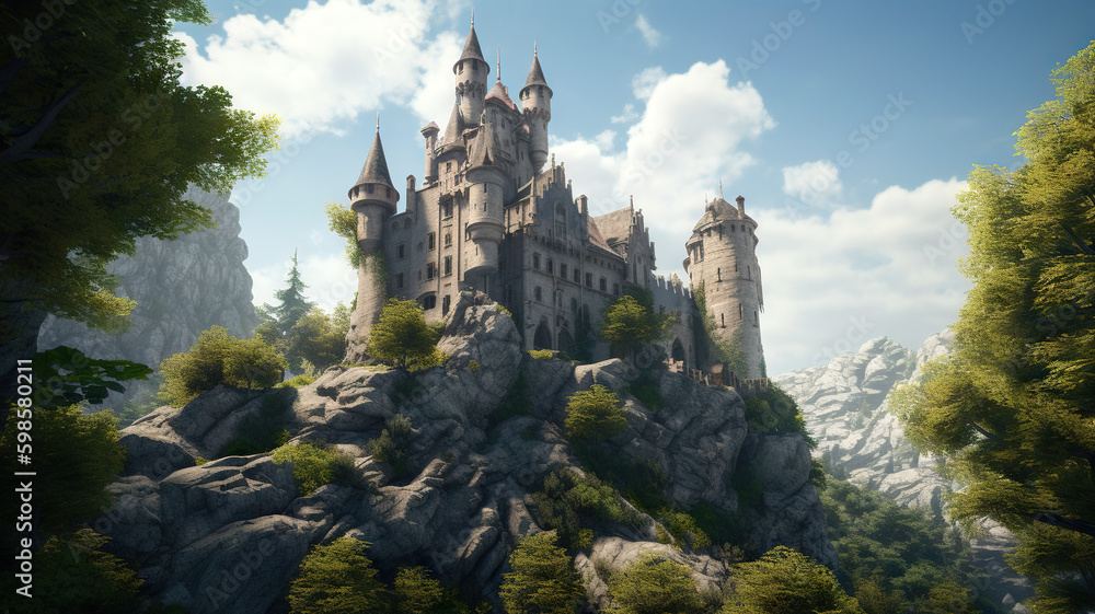 Majestic castle perched on a rocky outcrop, generative AI, AI generated Generative AI