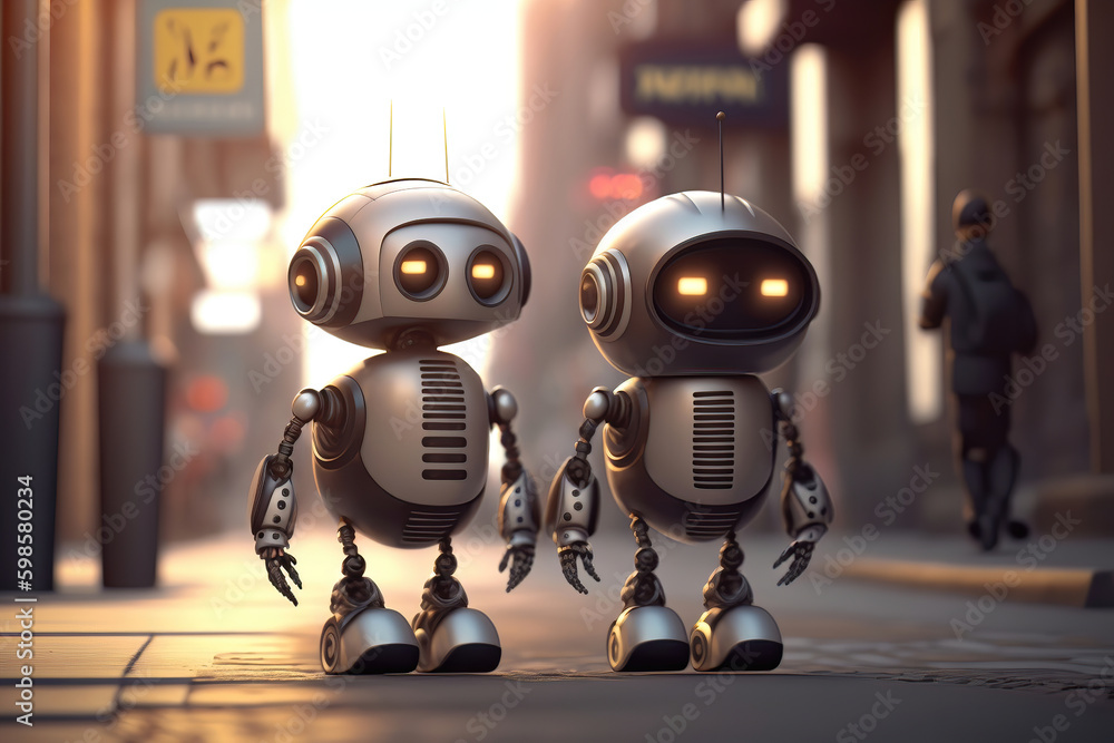 Two cute little robots walking on the street, illustration generative AI Two cute little robots walking on the street, illustration generative AI