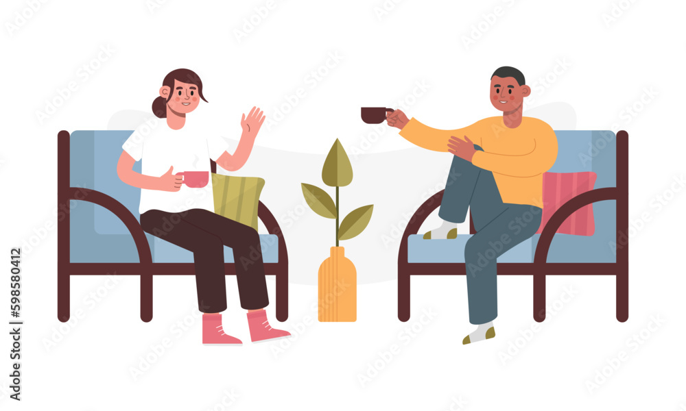 Friends meeting. Multiethnic guy and girl talking over cup of coffee illustration