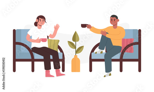 Friends meeting. Multiethnic guy and girl talking over cup of coffee illustration