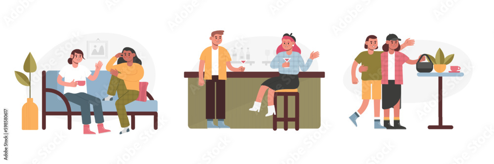 Set of friends and couples spending time together, talking, visit bar and eatery