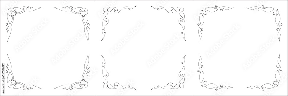 Set of three vector frames. Elegant black and white monochrome ornamental border for greeting cards, banners, invitations. Vector frame for all sizes and formats. Isolated vector illustration. Set of three vector frames. Elegant black and white monochrome ornamental border for greeting cards, banners, invitations. Vector frame for all sizes and formats. Isolated vector illustration.