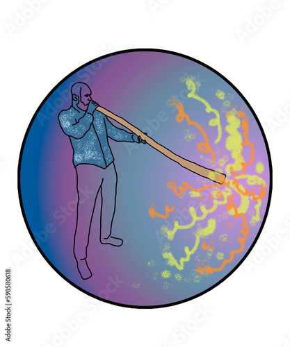 Silhouette of a musician blowing festive multicolored spirals from a long national Australian pipe. Digital image in one-line art style. The outline of a man on a blue-purple backdrop in a round frame photo