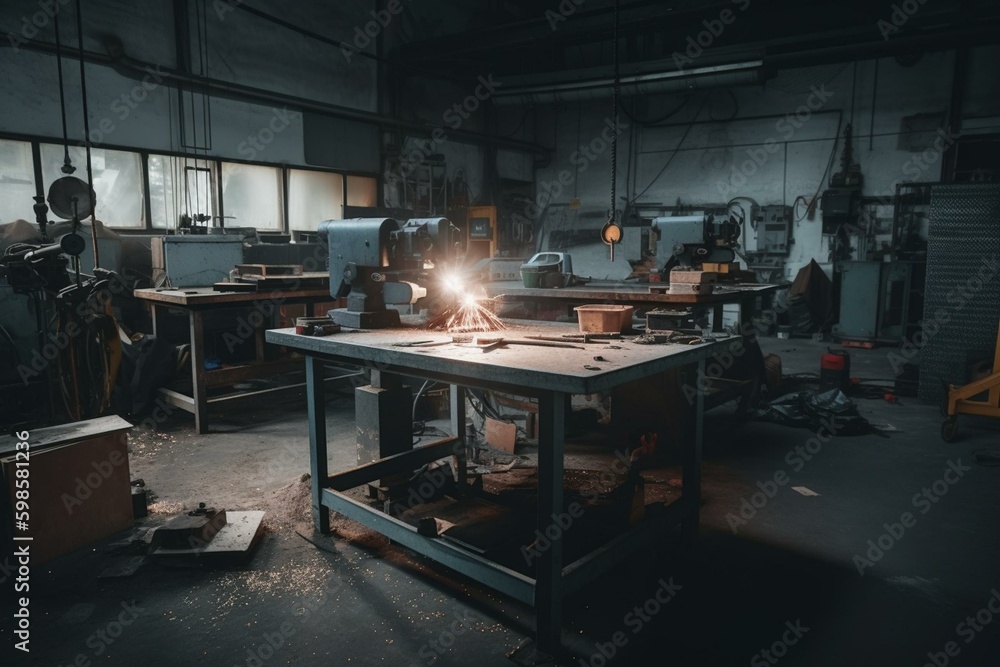 School welding workspace with tables and machinery. Generative AI