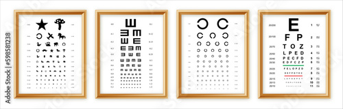 Eyes test charts with latin letters isolated on background. Art design medical poster with sign in golden frame. Concept graphic element for ophthalmic test for visual examination.