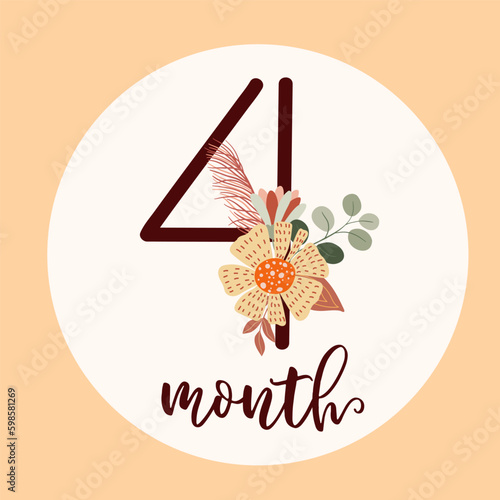 Boho baby first year Milestone cards with flowers. Today I am one month old. Flat vector digit 1 with a botanical bouquet. Cute cartoon floral nursery print. Hand-drawn number for kids Generative AI