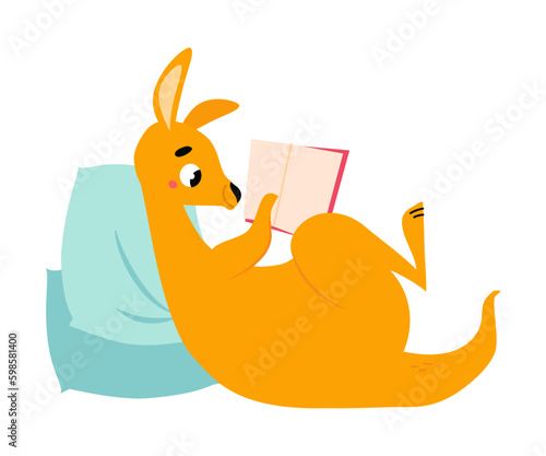 Cute Brown Kangaroo Marsupial Character Leaning on Pillow Reading Book Vector Illustration