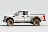 White pickup truck on white. Red SUV. Off road crossover. Side view isolated. Generative AI