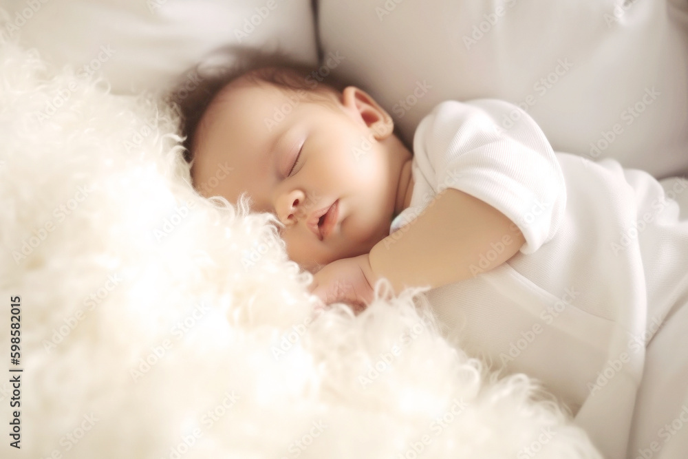 A tiny, adorable baby rests peacefully on a soft pillow in a bright room, their serene sleep reflecting innocence and unmatched beauty. Generative AI A tiny, adorable baby rests peacefully on a soft pillow in a bright room, their serene sleep reflecting innocence and unmatched beauty. Generative AI