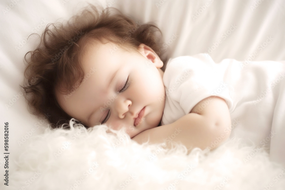 A tiny, adorable baby rests peacefully on a soft pillow in a bright room, their serene sleep reflecting innocence and unmatched beauty. Generative AI A tiny, adorable baby rests peacefully on a soft pillow in a bright room, their serene sleep reflecting innocence and unmatched beauty. Generative AI