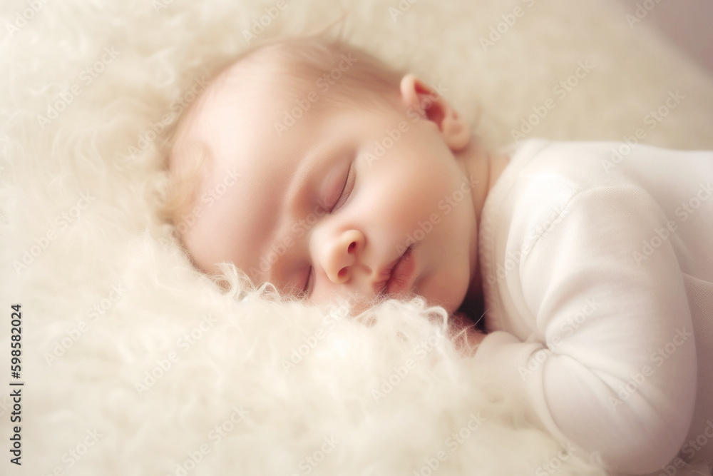 A tiny, adorable baby rests peacefully on a soft pillow in a bright room, their serene sleep reflecting innocence and unmatched beauty. Generative AI A tiny, adorable baby rests peacefully on a soft pillow in a bright room, their serene sleep reflecting innocence and unmatched beauty. Generative AI