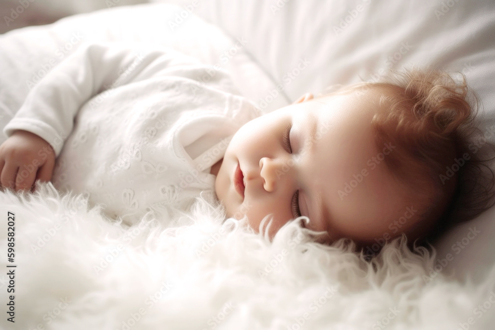 A tiny, adorable baby rests peacefully on a soft pillow in a bright room, their serene sleep reflecting innocence and unmatched beauty. Generative AI A tiny, adorable baby rests peacefully on a soft pillow in a bright room, their serene sleep reflecting innocence and unmatched beauty. Generative AI