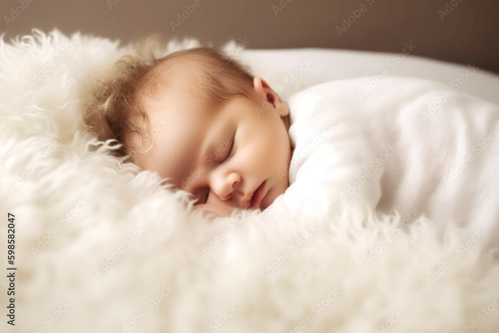 A tiny, adorable baby rests peacefully on a soft pillow in a bright room, their serene sleep reflecting innocence and unmatched beauty. Generative AI A tiny, adorable baby rests peacefully on a soft pillow in a bright room, their serene sleep reflecting innocence and unmatched beauty. Generative AI