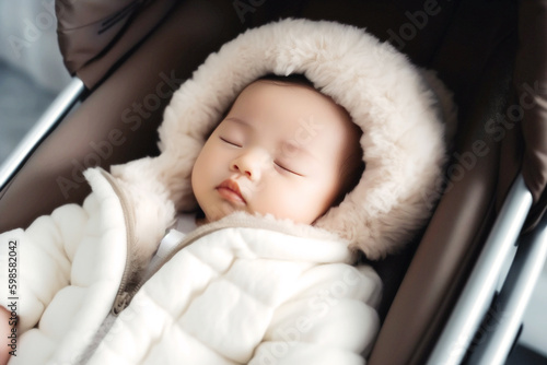 A tiny, adorable baby rests peacefully on a soft pillow in a stroller on a sunny day, their serene sleep reflecting innocence and unmatched beauty. Generative AI