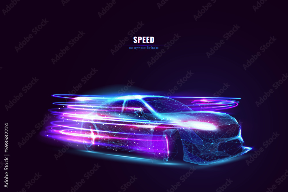 Futuristic drift car in motion with neon fast lines and abstract smoke. High speed concept in technological blue purple colors. Sport car is made of polygons, lines and connected dots. Digital auto. - obrazy, fototapety, plakaty 