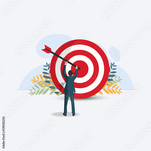 Vector businessman hitting arrow to target. Business goal achievement illustration