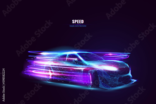 Canvastavla Futuristic drift car in motion with neon fast lines and abstract smoke