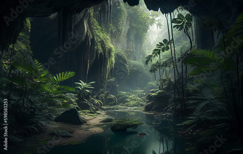 A Mysterious Cave Nestled Within the Forest Embrace, Stillness of the Woods, the Trees and Plants Offering a Passage to the Realm and the Enigmas of  the Jungle © Musashi_Collection