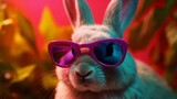 Fashion bunny wearing sunglasses on tropical background. Elegant style background. Rabbit costume. Trendy style. Happy easter.