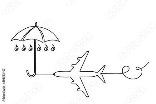 Abstract umbrella with plane as line drawing on white background