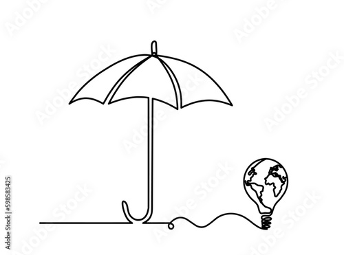Abstract umbrella with light bulb as line drawing on white background