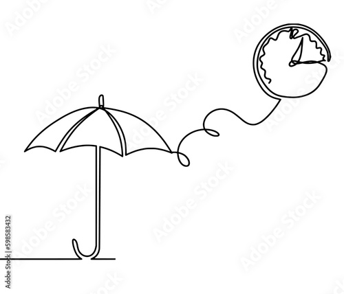 Abstract umbrella with clock as line drawing on white background