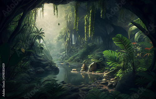 A Mysterious Cave Nestled Within the Forest Embrace, Stillness of the Woods, the Trees and Plants Offering a Passage to the Realm and the Enigmas of the Jungle
