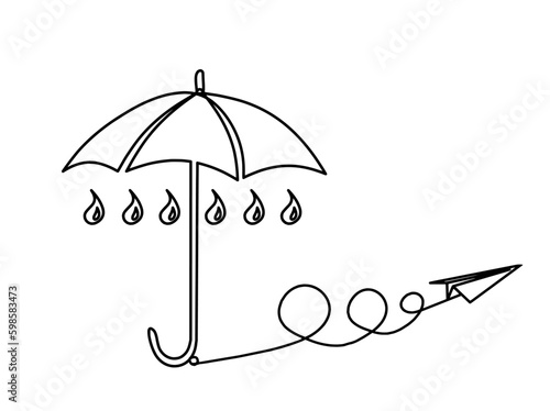 Abstract umbrella with paper plane as line drawing on white background