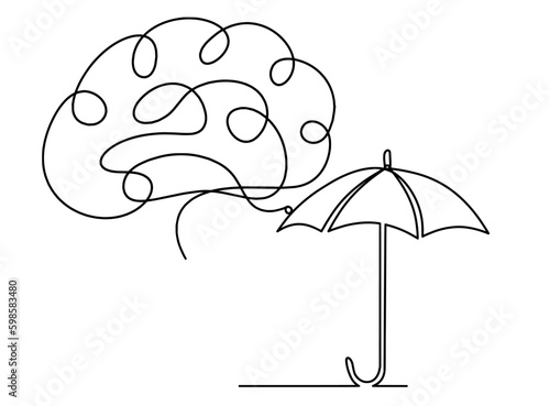 Abstract umbrella with brain as line drawing on white background