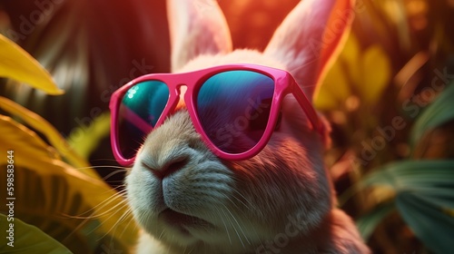 Fashion bunny wearing sunglasses on tropical background. Elegant style background. Rabbit costume. Trendy style. Happy easter. © imagemir