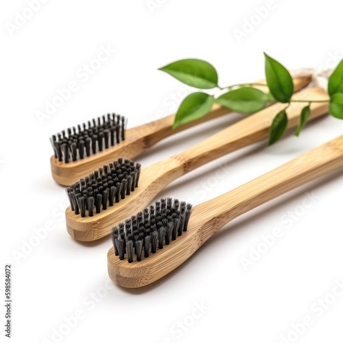  Set of eco - friendly bamboo toothbrushes with charcoal bristles isolated on a white background, generative ai