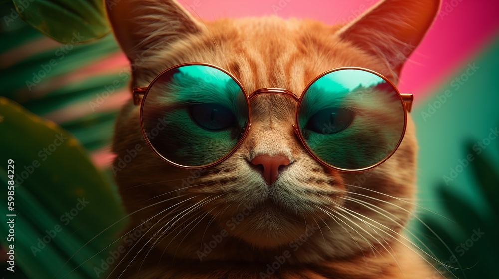 Beautiful fashion cat wearing sunglasses, great design for any purposes. Modern cat design. Happy holiday. Animal concept. Trendy modern style. Vacation concept. Happy beautiful background.