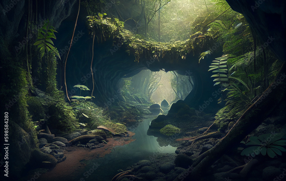 A Mysterious Cave Nestled Within the Forest Embrace, Stillness of the Woods, the Trees and Plants Offering a Passage to the Realm and the Enigmas of the Jungle A Mysterious Cave Nestled Within the Forest Embrace, Stillness of the Woods, the Trees and Plants Offering a Passage to the Realm and the Enigmas of the Jungle