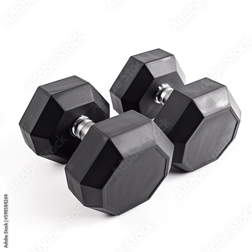  Set of hexagonal dumbbells with a rubber coating isolated on a white background, generative ai