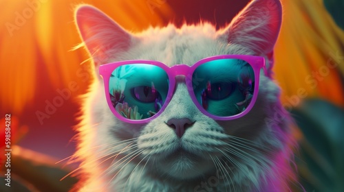 Beautiful fashion cat wearing sunglasses, great design for any purposes. Modern cat design. Happy holiday. Animal concept. Trendy modern style. Vacation concept. Happy beautiful background. © imagemir