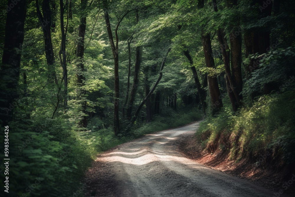 A view of a road through a lush forest, promoting environmental health and a green economy. Generative AI