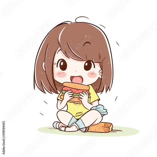 Little girl eating delicious sandwich burger cartoon flat character vector illustration