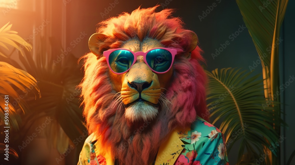 Retro hipster illustration with black fashion lion wearing sunglasses. Trendy illustration. Cute safari wildlife animal. Poster design.