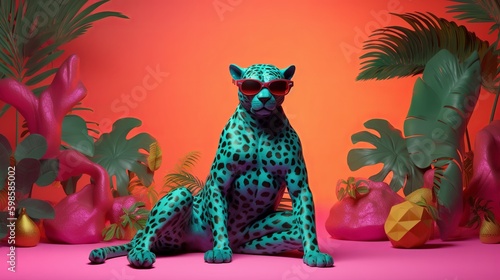 Fashion leopard wearing sunglasses in hipster style on tropical background. Beautiful leopard. Summer seamless. Leopard animal skin background. © imagemir