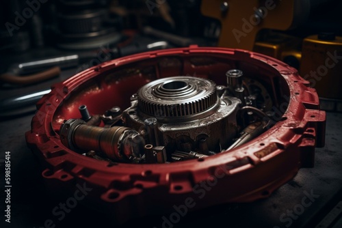 Disassembled car torque converter with red transmission oil. Generative AI photo