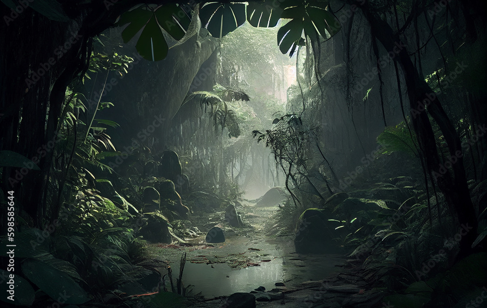 A Mysterious Cave Nestled Within the Forest Embrace, Stillness of the Woods, the Trees and Plants Offering a Passage to the Realm and the Enigmas of  the Jungle