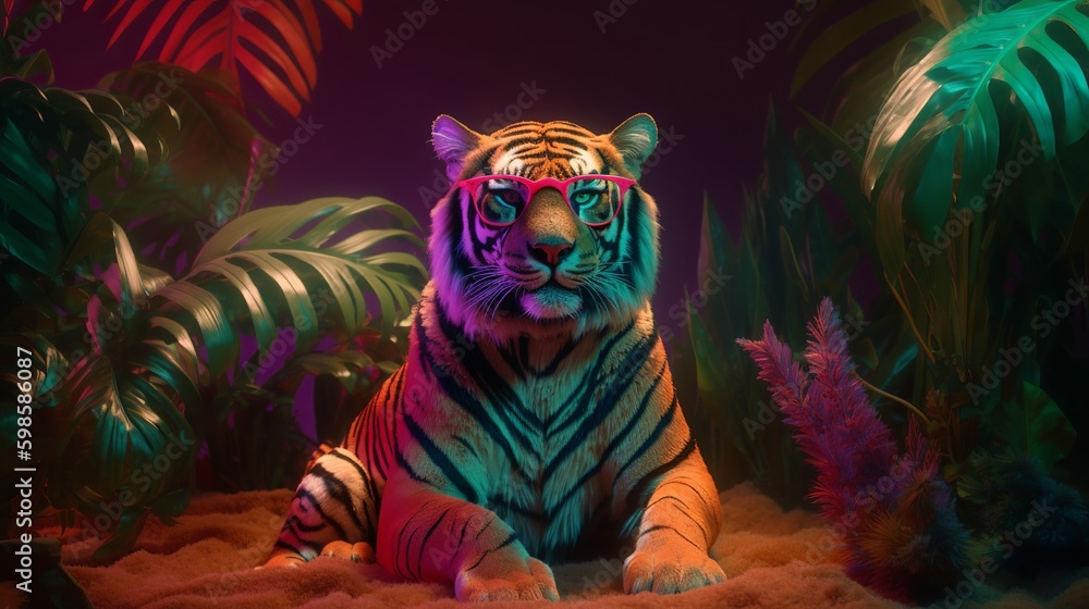 Fashion tiger wearing sunglasses in hipster style on tropical background. Beautiful tiger. Summer seamless. Tiger animal skin background.