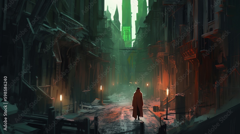 a boy in a mantle walks through the streets, dark crimson and emerald, 32k uhd, industrial decay, columns and totems, concept art, birds-eye-view, Generative AI