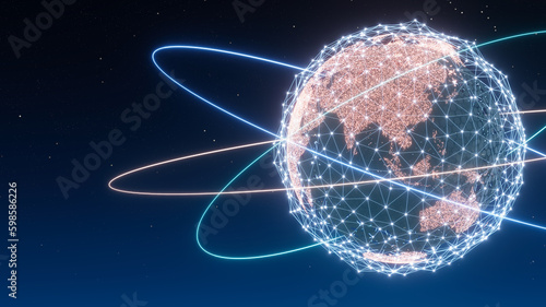 Glowing Earth Globe. Plexus network  satellite orbits  big data  technology global communications  internet. 3d render.