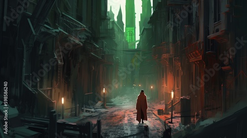 a boy in a mantle walks through the streets, dark crimson and emerald, 32k uhd, industrial decay, columns and totems, concept art, birds-eye-view, Generative AI