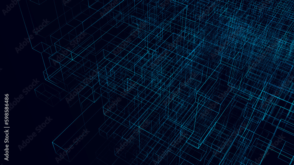 Abstract dark background. Glowing wire cubes, geometric pattern. 3d render. Abstract dark background. Glowing wire cubes, geometric pattern. 3d render.