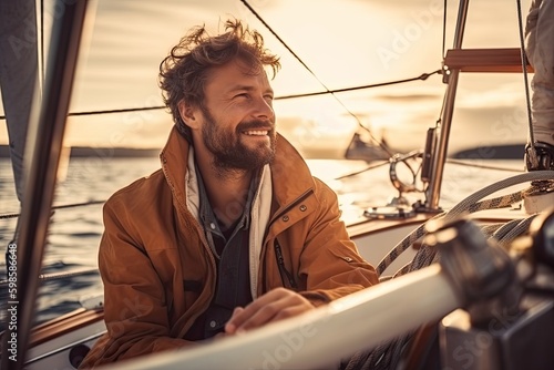 man skillfully navigates a sailboat on the open water, using his knowledge and experience to safely guide the vessel towards its destination. Generative AI
