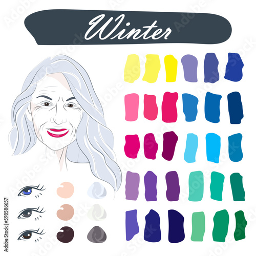 Stock vector seasonal color analysis palette with best colors for winter type of appearance. Face of a smiling attractive beautiful elderly woman with gray hair